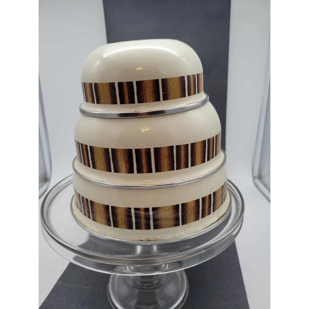 1960s Metal Enamel Mixing Bowl Set Brown Cream Retro Vtg 3 Piece Stripe Camping